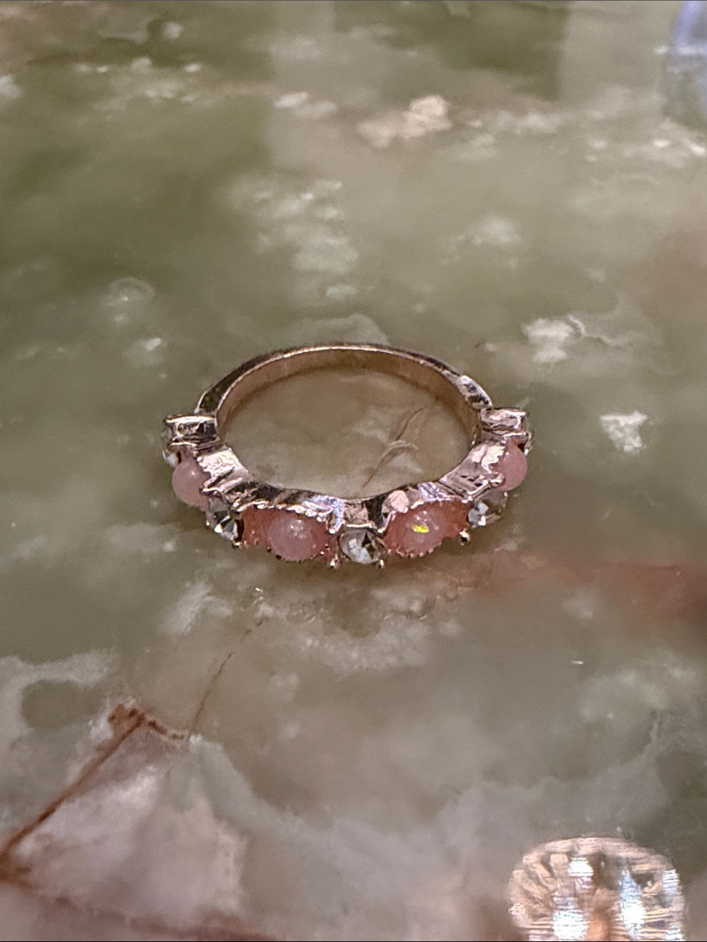 Pink Stone & Crystal Ring in Rose Gold Tone Setting - Size 5.5 US